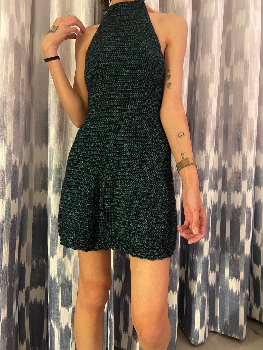 dark green crochet dress "Nymph" long dress with a crochet chest, Teal blue and bluish grey