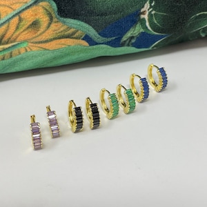 Gold plated, sterling silver coloured multi baguette crystals huggie earring