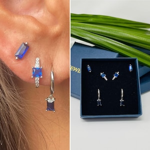 Sterling Silver & Dark Blue crystal hoop and stud earrings