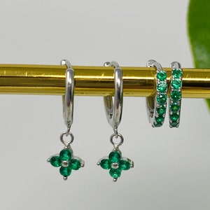 Sterling silver & emerald green huggie earrings