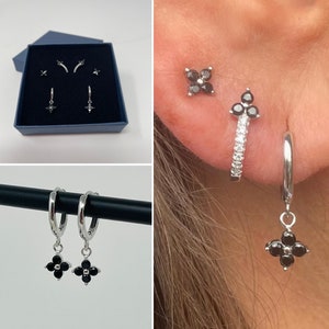 Sterling silver & black small flower huggie and stud earrings