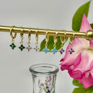 Sterling silver, Gold plated  , clear, green, purple  and turquoise cubic zirconia  dainty clover flower hoop earrings.
