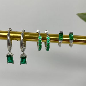 Silver & Emerald Green huggie earrings
