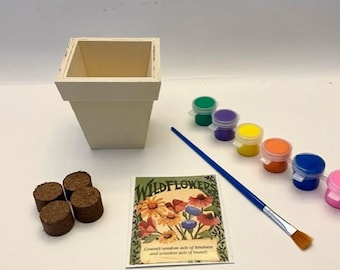 May include: A craft kit for planting wildflowers. The kit includes a white wooden planter, a packet of wildflower seeds, a paintbrush, and six small pots of paint in green, purple, yellow, orange, blue, and pink.