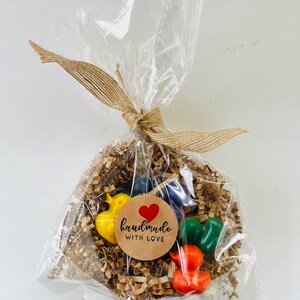May include: A clear plastic bag filled with brown paper shreds and colorful crayons. The crayons are shaped like birds and have a brown paper tag with a red heart and the text "handmade with love".