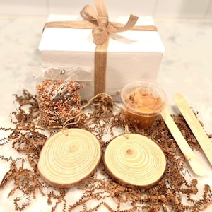 K&ouml;nnte beinhalten: Eine Geschenkbox gef&uuml;llt mit Bastelbedarf zum Herstellen von Vogelh&auml;uschen. Die Box enth&auml;lt zwei Holzscheiben, eine T&uuml;te Vogelfutter, einen kleinen Beh&auml;lter mit Erdnussbutter und zwei Holzst&auml;bchen.
