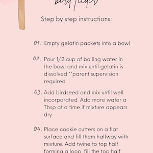 May include: A pink and brown birdhouse with a heart on the roof. The image includes instructions for making a bird feeder using gelatin, birdseed, and cookie cutters. The instructions include the text "bird feeder" and "Step by step instructions:"