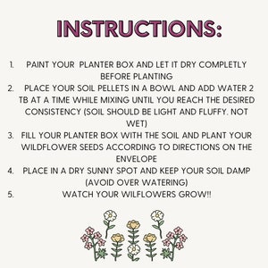 May include: Instructions for planting wildflower seeds. Paint a planter box, add soil pellets and water, plant seeds, and place in a sunny spot. Illustration of wildflowers.