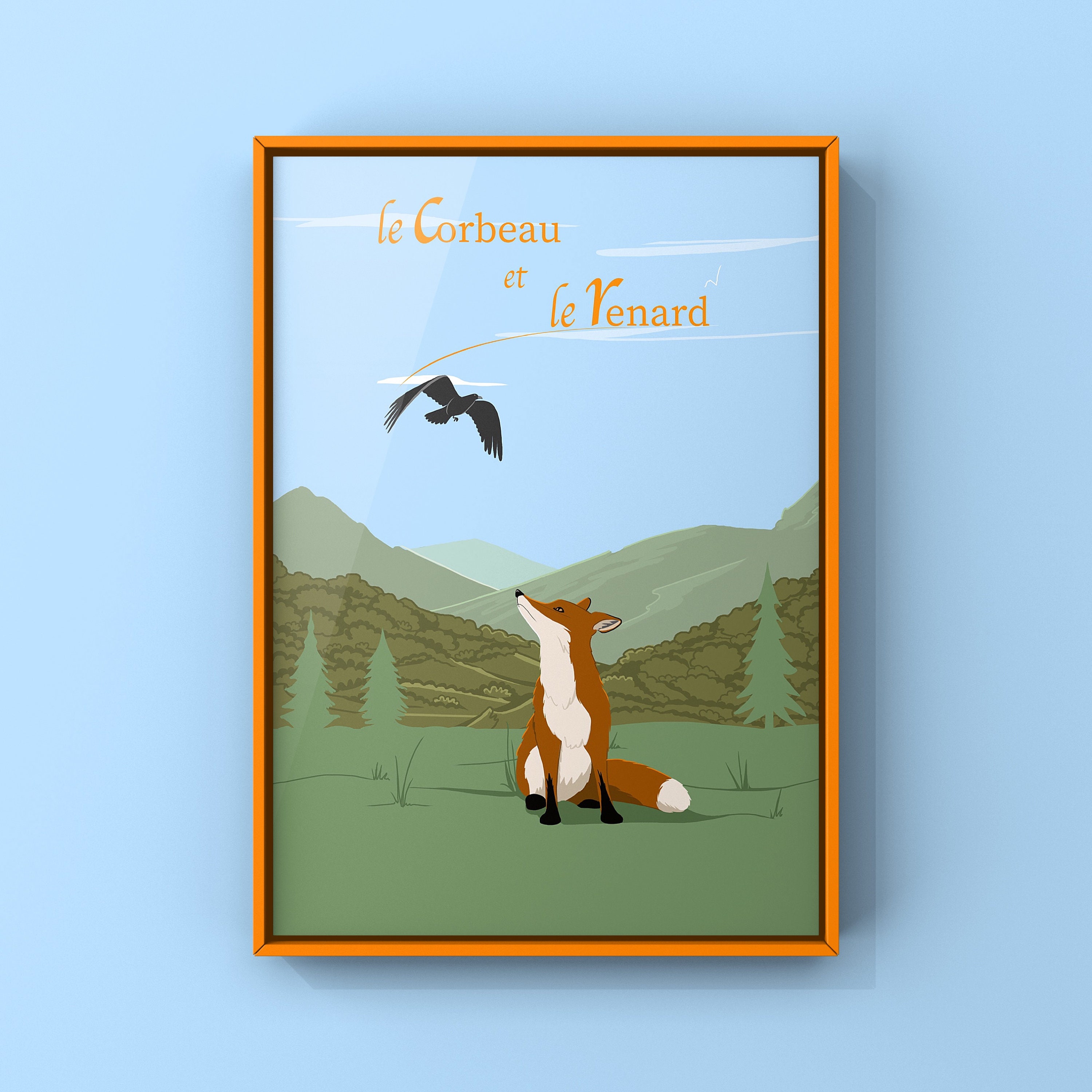 Affiche Décorative Poster Original Illustration Renard et Corbeau Art Mural