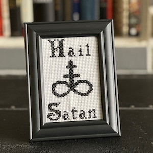 Hail Satan cross stitch home decor (includes frame)