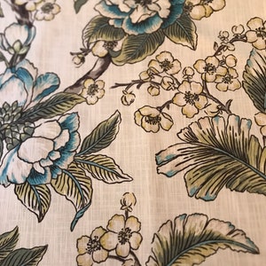 トロピカルフローラル生地サンプル：ブルーグリーンコットンレーヨン混紡