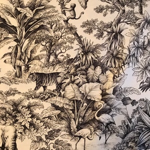 Amostra de tecido estampado Toile, Fat Quarters, estofamento, confecção de travesseiros, costura, quilting, artesanato, selva, preto e branco, algodão