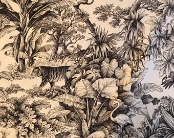 Toile Print Fabric Sample, Fat Quarters, Upholstery, Pillow Making, Sewing Quilting Crafts, Jungle, Black White, Cotton