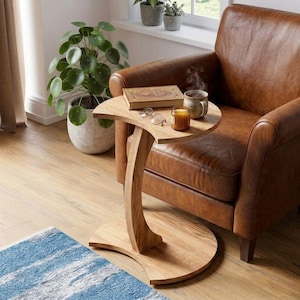 Rolling Wooden C Side Table – Modern Sofa Side Table, Solid Wood Laptop & Coffee Table, Minimalist Home Decor.