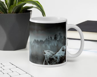 White glossy mug- Wolves/Forest/Night Sky/Trees/Howling