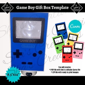 May include: A blue Game Boy gift box template with a printable design. The template is 8.5 inches by 14 inches. The image includes a Canva logo and text that says "You will receive: *1 PDF file with link to editable Canva file *1 ZIP file with ready to print images".