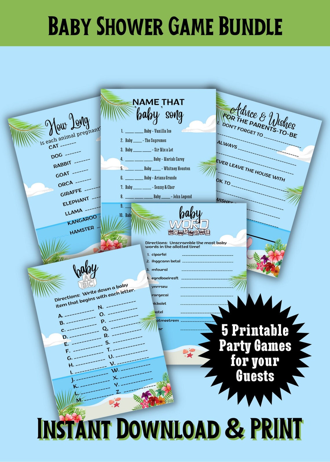 Printable Baby Shower Game Bundle Luau - Etsy