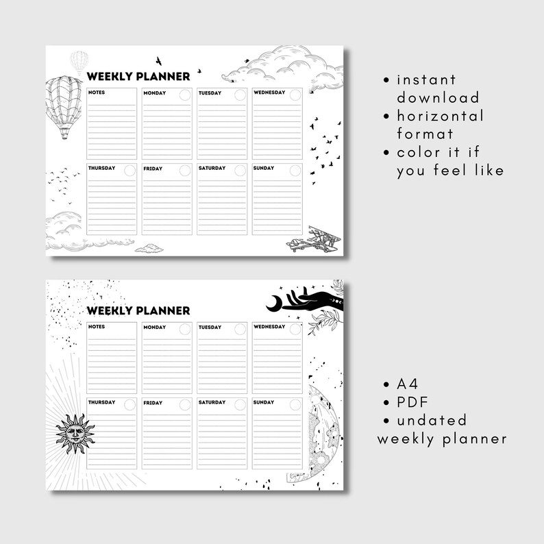 Weekly Planner Printable Landscape 10 Pages Artistic Weekly Etsy