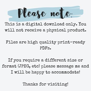 以下が含まれることがあります： 白地の背景に水色の筆致で書かれたテキスト。テキストは「ご注意：こちらはデジタルダウンロードのみです。物理的な製品は届きません。高品質の印刷可能なPDFファイルです。ご訪問ありがとうございます！」と書かれています。