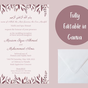 May include: A wedding invitation with a floral design in shades of mauve and burgundy. The invitation includes text in Arabic and English, with details about the wedding reception, including the names of the couple, date, and location. A white envelope is also visible.