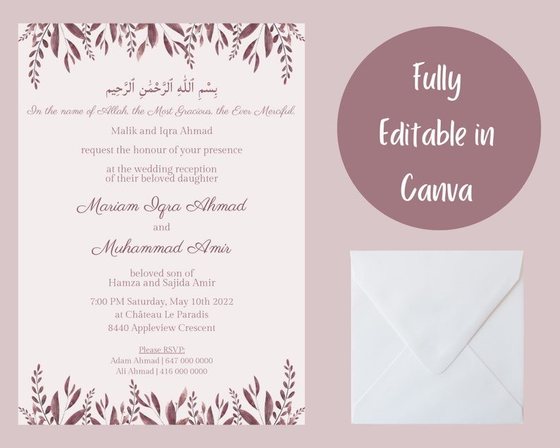 May include: A wedding invitation with a floral design in shades of mauve and burgundy. The invitation includes text in Arabic and English, with details about the wedding reception, including the names of the couple, date, and location. A white envelope is also visible.