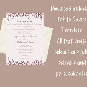May include: Wedding invitation with floral accents in burgundy and cream. The invitation includes text in Arabic and English, with details about the wedding reception. The design is fully editable and personalizable, with a link to a Canva template.