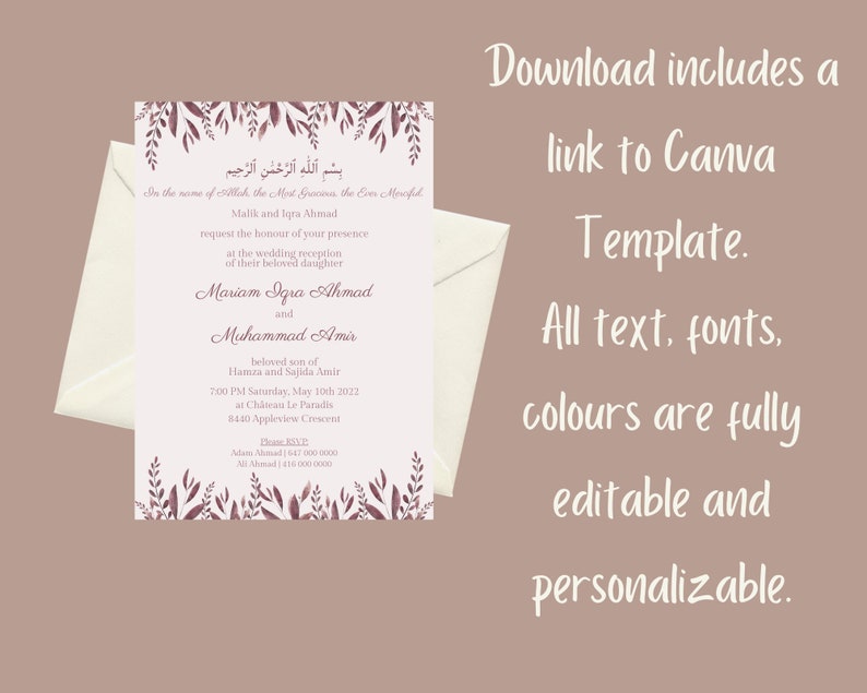 May include: Wedding invitation with floral accents in burgundy and cream. The invitation includes text in Arabic and English, with details about the wedding reception. The design is fully editable and personalizable, with a link to a Canva template.