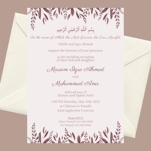 May include: Wedding invitation with a cream-colored background and burgundy floral accents. The invitation includes text in English and Arabic, with details for a wedding reception, including names, date, time, and location. An envelope is included.