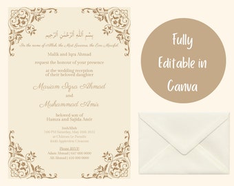 イスラム教徒の結婚式の招待状編集可能印刷可能なCanvaテンプレート|シャーディ・ニッカ・バラアト・ワリマへの招待