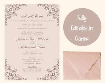 イスラム教徒の結婚式の招待状編集可能印刷可能なCanvaテンプレート|シャーディ・ニッカ・バラアト・ワリマ招待状のデジタルダウンロード