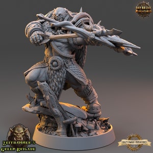 May include: A gray, detailed miniature figurine of a large, muscular, humanoid creature with a beard and a large, pointed nose. The creature is holding a spear and a bow in its hands. The figurine is standing on a base with a tree stump and mushrooms.