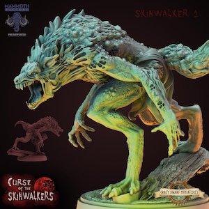 May include: A detailed miniature of a monstrous creature with a wolf-like head, standing on a tree stump. The miniature is green and yellow and is labelled "Skinwalker 1". It is part of the "Curse of the Skinwalkers" series.