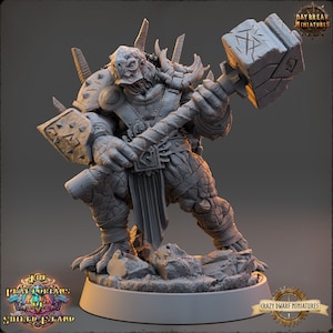 May include: A gray, detailed miniature of a large, armored, reptilian creature wielding a large, stone hammer. The creature has a horned helmet and a fierce expression. The miniature is set on a rocky base.