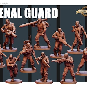 May include: A collection of brown miniature figures of Penal Guard soldiers, each holding weapons like rifles, rocket launchers, and axes. The figures are on individual circular bases. The words "PENAL GUARD" are displayed in large white letters.