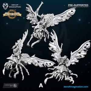 May include: Three detailed miniature figures of winged creatures, each with a humanoid rider holding a sword. The figures are in a neutral color, with intricate wing and body designs. The image includes text that says "PRE-SUPPORTED" and "Crazy Dwarf Miniatures".