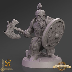 D&D Dwarf Fighter 1 | 3D Printed Resin Miniature | Various Scales | By Krizzart Miniatures