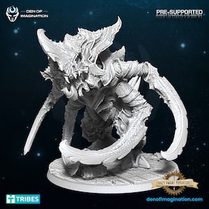 May include: A detailed, pre-supported, gray, 3D printed miniature of a creature with sharp claws and a spiky, segmented body. The miniature is posed in a dynamic, attacking stance. The miniature is on a round base with a textured surface. The text "DEN OF IMAGINATION" and "CRAZY DWARF MINIATURES" are visible in the image.