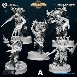 以下が含まれることがあります： 鎧を着たファンタジーキャラクターの5つの灰色のミニチュアフィギュアのコレクション。各フィギュアは、剣や爪などの武器を持ち、ダイナミックにポーズをとっています。フィギュアは丸いベースにあり、画像には「Crazy Dwarf Miniatures」と「Pre-Supported」というテキストが含まれています。