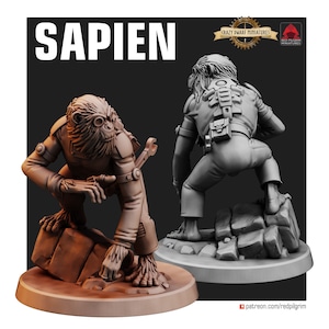 May include: A 3D printed miniature of a humanoid ape wearing a futuristic outfit and holding a wrench. The miniature is painted in a brown colour and is standing on a rocky base. The miniature is part of a set of miniatures called "Sapien" by Red Pilgrim Miniatures.