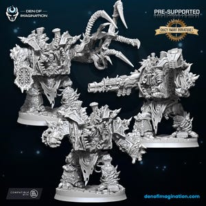 May include: A collection of pre-supported miniature figures, featuring detailed, armored characters with intricate designs. The figures are in a light gray color, with sharp edges and various weapon attachments. The image includes text that says "Den of Imagination" and "Crazy Dwarf Miniatures".