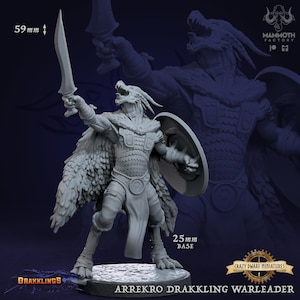 Puede incluir: Una miniatura de plástico gris de una criatura parecida a un dragón empuñando una espada y un escudo. La miniatura mide 59 mm de alto y se coloca sobre una base de 25 mm. La miniatura está etiquetada como "Arrekro Drakkling Warleader".