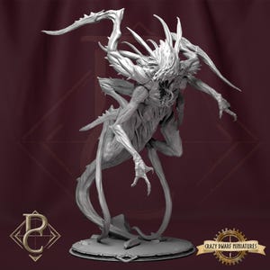 May include: A detailed, gray miniature figure of a monstrous creature with multiple limbs, sharp claws, and a menacing expression. The figure has a detailed, textured surface and is posed in a dynamic, attacking stance. The base has the text "Crazy Dwarf Miniatures".