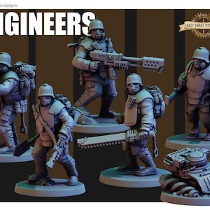 Puede incluir: Figuras en miniatura de Ingenieros en poses de combate, vestidos con uniformes militares, cascos y equipo de protección. Están armados con armas. La palabra "ENGINEERS" se muestra en letras blancas grandes. Miniaturas de Crazy Dwarf Miniatures.