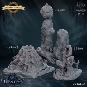 May include: Three 3D printed resin models of geysers, each with a unique design. The tallest geyser is 51 mm tall and the other two are 21 mm tall. The models are gray and have a textured surface.