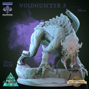 May include: A detailed, gray, 3D printed miniature of a creature with a large mouth and sharp teeth. The creature is standing on a rocky base. The miniature is 26 mm tall and is part of the Void Stalker series.