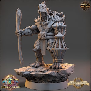 May include: A gray, detailed miniature of a turtle-like creature holding a lantern and a staff. The miniature is standing on a rocky base. The text "DAYBREAK MINIATURES" is in the upper right corner of the image. The text "CRAZY DWARF MINIATURES" is in the lower right corner of the image. The text "THE PIRATE KINGS OF SHIELD ISLAND" is in the lower left corner of the image.