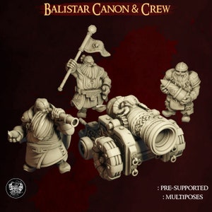May include: A set of three miniature figures depicting a crew operating a cannon. The figures are made of a light grey plastic and are posed in a variety of action poses. The cannon is detailed with intricate carvings and is mounted on wheels. The text "Balistar Canon & Crew" is displayed at the top of the image. The text ": PRE-SUPPORTED : MULTIPOSES" is displayed at the bottom of the image.