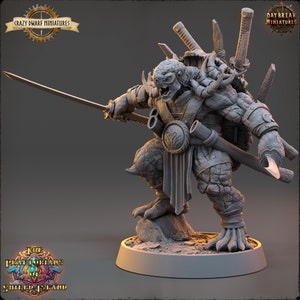 May include: A gray, detailed miniature of a turtle-like creature wielding a katana sword. The creature is wearing a samurai-style outfit with a flowing skirt and a belt with pouches. The miniature is posed in a dynamic fighting stance, with the sword raised high. The miniature is set on a round base.