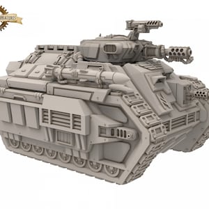 Puede incluir: Un modelo de tanque futurista gris, detallado, con un lanzamisiles, múltiples cañones y orugas. El tanque está hecho de plástico y es un modelo impreso en 3D.