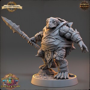 May include: A grey, detailed miniature of a reptilian creature holding a spear. The creature is wearing armor and has a scaly, textured body. The miniature is standing on a round base.